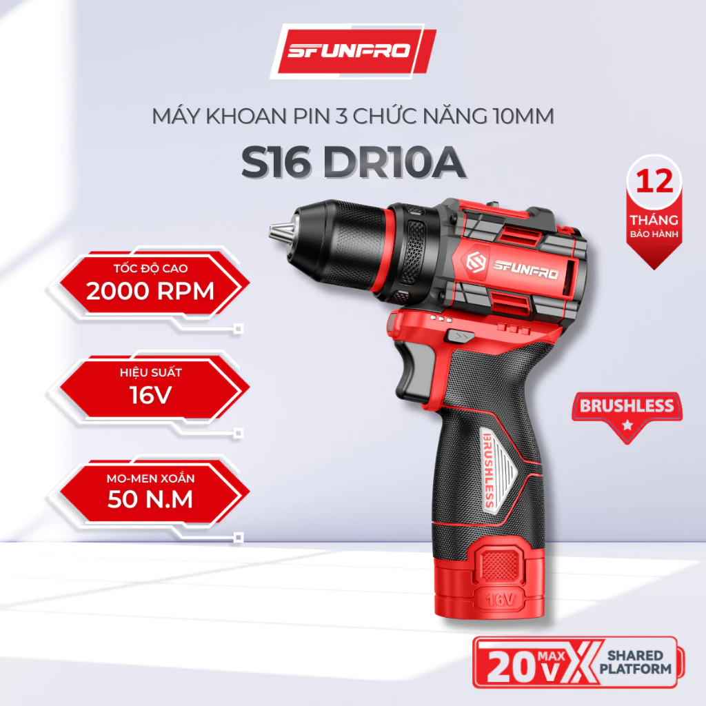 Máy khoan Pin SFUNPRO S16 DR10A 10MM 3 Chức Năng – Khoan, Bắt Vít, Đảo Chiều, Bảo Hành Chính Hãng