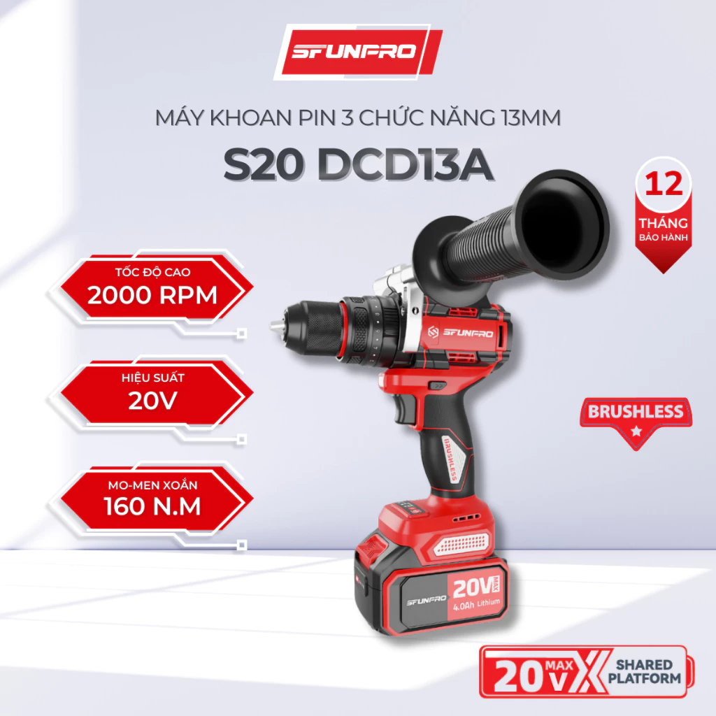 Máy khoan Pin SFUNPRO S20 DCD13A 4.0Ah 13MM 3 Chức Năng – Khoan, Bắt Vít, Đảo Chiều, Chính Hãng