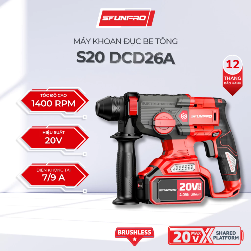 Máy khoan Đục Bê Tông SFUNPRO S20 DCD26A 4.0Ah – Nhỏ Gọn, Siêu Khỏe, Bảo Hành Chính Hãng