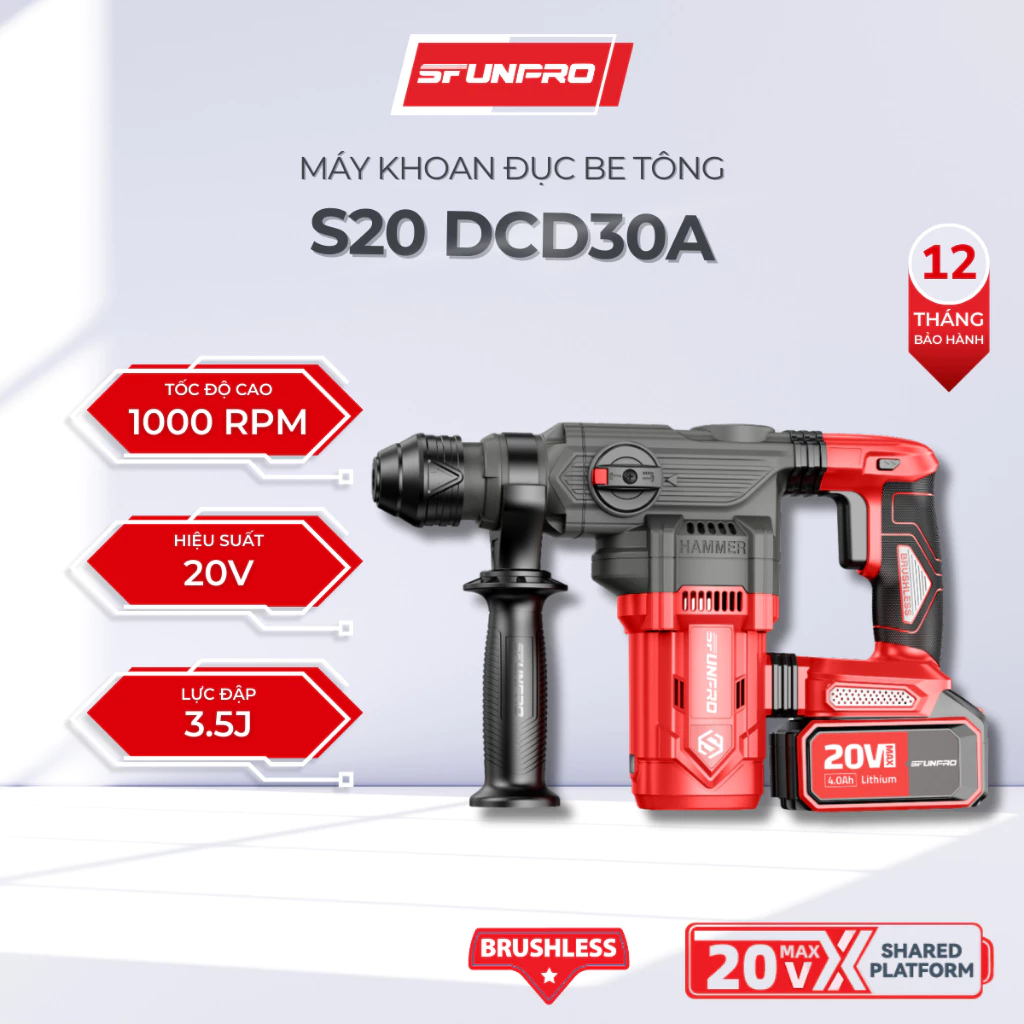 Máy khoan Đục Bê Tông SFUNPRO S20 DCD30A 4.0AH – Sản Phẩm Uy Tín, Bảo Hành Chính Hãng.