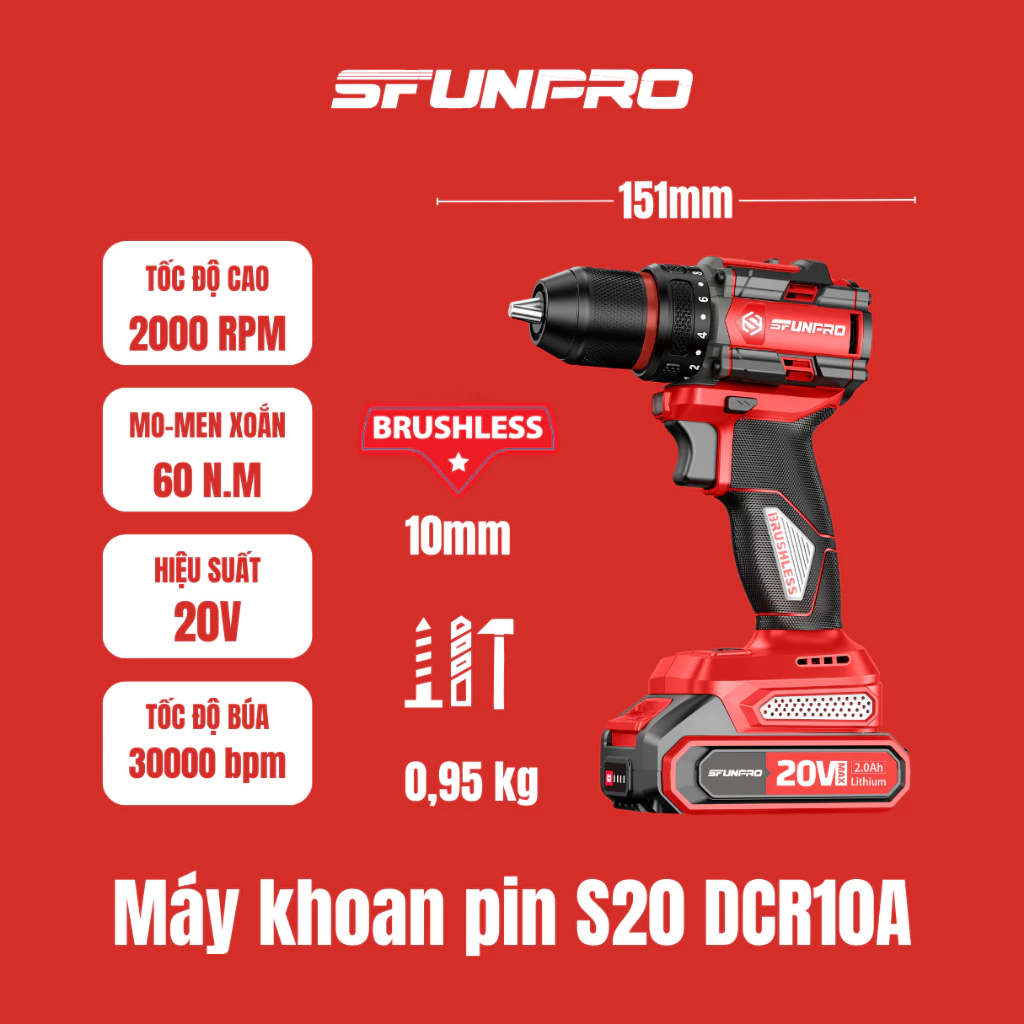 Máy khoan Pin SFUNPRO S20 DCR10A – Khoan, Bắt Vít, Đảo Chiều, Bảo Hành Chính Hãng