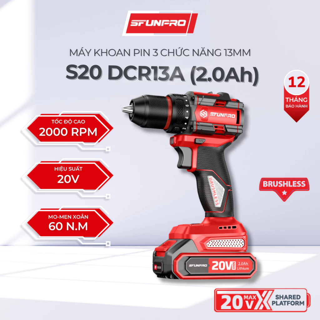 Máy khoan Pin SFUNPRO S20 DCR13A Bản 2.0A 13MM 3 Chức Năng – Khoan, Bắt Vít, Đảo Chiều, Chính Hãng
