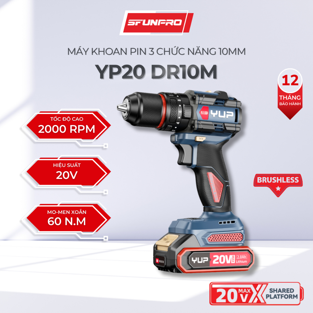 Máy khoan Pin YUP YP20 DR10M 10MM 3 Chức Năng – Khoan, Bắt Vít, Đảo Chiều, Bảo Hành Chính Hãng