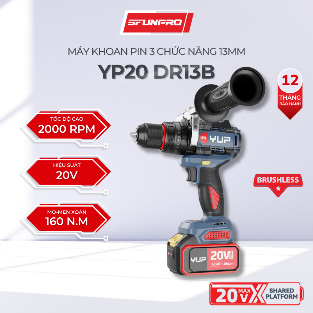 Máy khoan Pin YUP YP20 DR13B bản 4.0Ah 13MM 3 Chức Năng- Khoan, Bắt Vít, Đảo Chiều, Chính Hãng