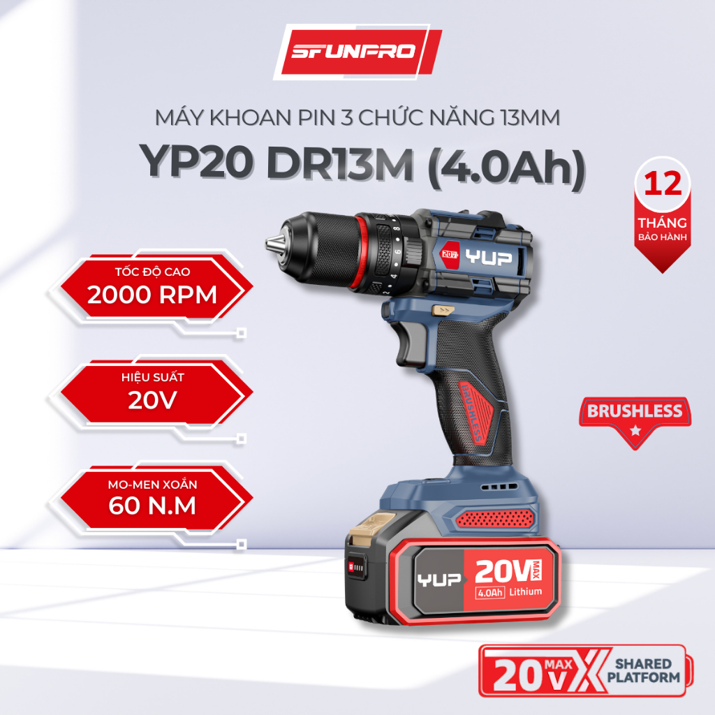 Máy khoan Pin YUP YP20 DR13M 13MM 3 Chức Năng Bản 2.0A – Khoan, Bắt Vít, Đảo Chiều, Chính Hãng