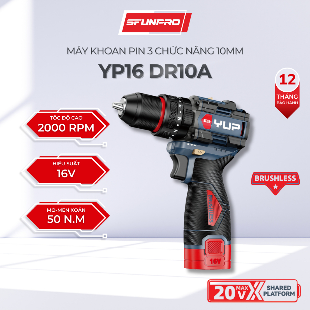 Máy khoan Pin YUP YP16 DR10A 10MM 3 Chức Năng – Khoan, Bắt Vít, Đảo Chiều, Bảo Hành Chính Hãng